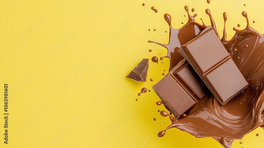 Poster a cluster of chocolates resting on a yellow background with a chocolate drizzle on top