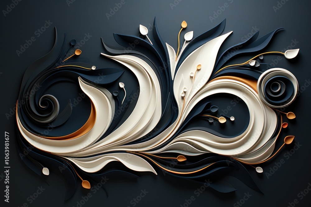 Poster elegant abstract design featuring flowing shapes and floral elements in a dark color palette.