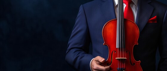  Man in blue suite holds red violin