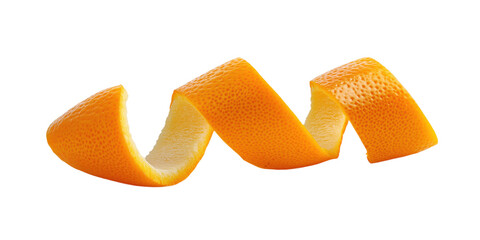 Single orange peel curls up on isolated transparent background. Vibrant orange color contrasts with clean white surface. Bright orange peel texture, curled shape, natural form. Alpha mask.