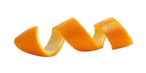 Single orange peel curls up on isolated transparent background. Vibrant orange color contrasts with clean white surface. Bright orange peel texture, curled shape, natural form. Alpha mask.