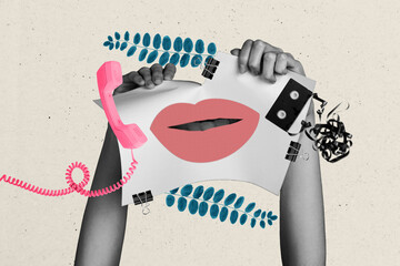 Composite photo collage of hands tore mouth lips placard half feminism demonstration cassette...