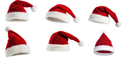 Christmas hat collection with 9 identical pointed caps in red, white, and various colors. Holiday accessories for Santa Claus, festive headwear for Christmas season. Transparent isolated background.
