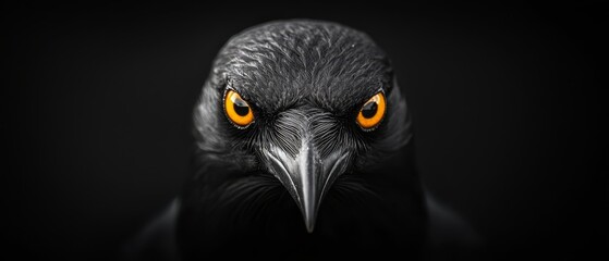  A tight shot of a black bird featuring vibrant orange eyes