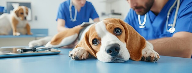 Beagle rests comfortably on a table as a doctor takes notes in a modern medical clinic during a busy day of consultations
