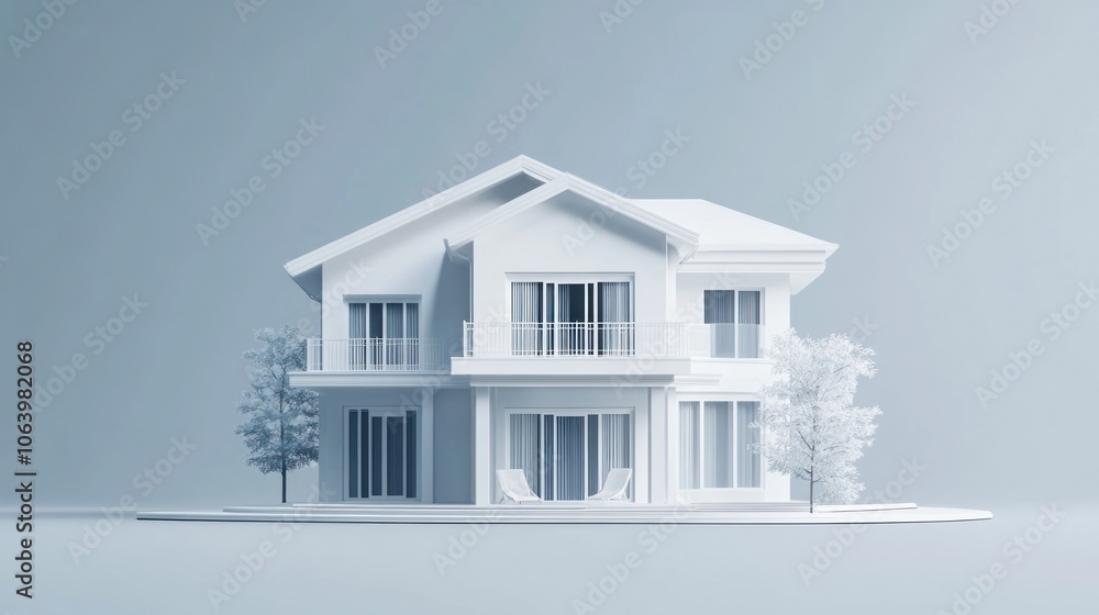 Poster a minimalist architectural model of a modern house with trees in a serene setting.