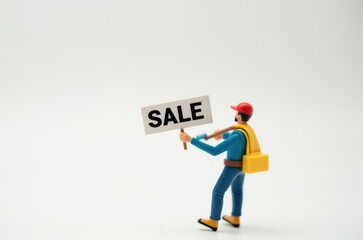toy man holding a sign with the text (Sale)