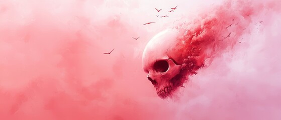  A skull against a red backdrop, with birds in flight above