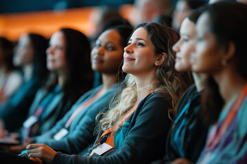 Obraz premium An inclusive technology conference with diverse speakers and attendees, representing different genders and backgrounds.