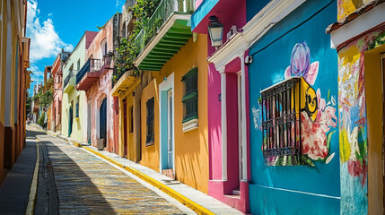 Fototapeta premium Colorful Street Art, Historic Architecture, Vibrant Cityscape, Old San Juan, Puerto Rico
