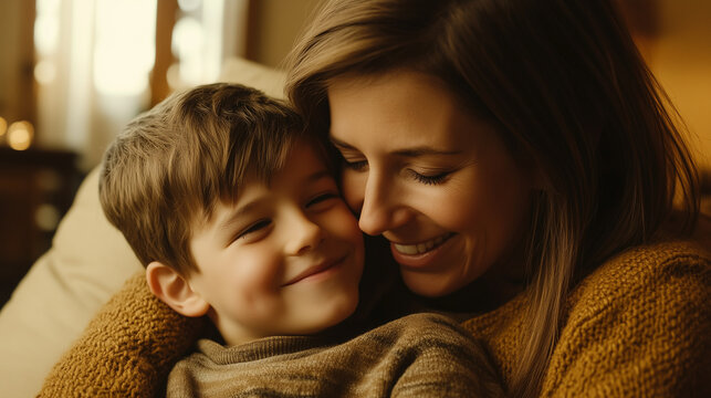 Uśmiechnięta matka i jej syn spędzają razem czas w przytulnym pokoju, a ich wsp&oacute;lny moment jest pełen ciepła i radości. 