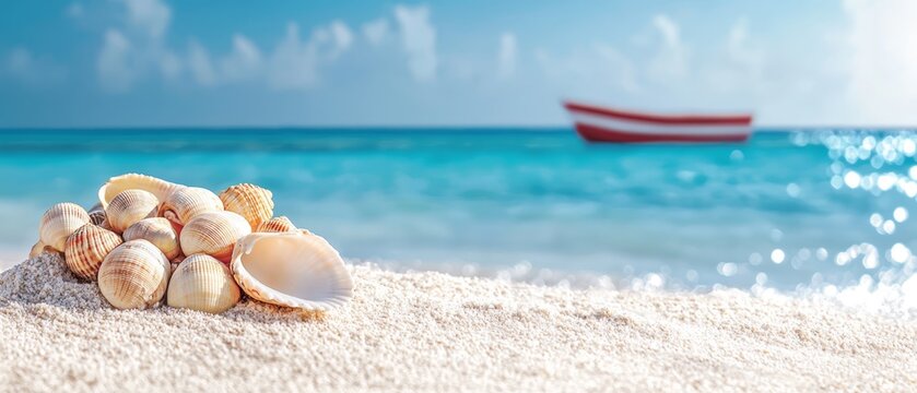  Seashells stacked on a sandy shore, backdrop of a boat ..Or,..Boat behind mound of seashell