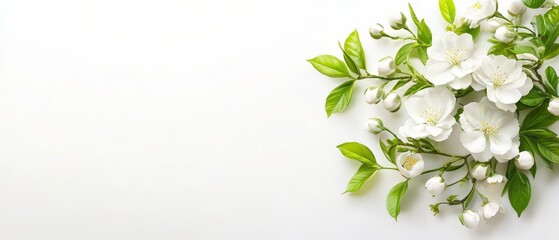  White flowers with green leaves against a pristine white background