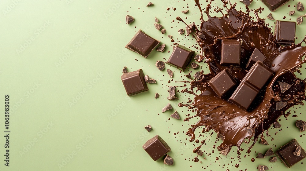 Poster a stack of chocolate alongside a cluster of chocolate chunks with a nibble taken from one chocolate 