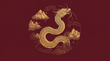 Fototapeta premium Golden Dragon, Clouds, Mountains, Crimson, Minimalist Art
