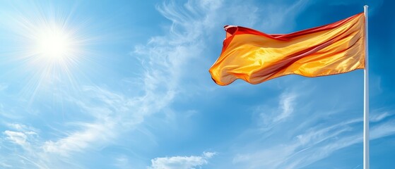 Red and yellow flags flutter against the blue backdrop of the sunlit sky