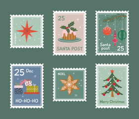 Set of cute Christmas postage stamps. Vintage xmas posters. Winter holidays prints for greeting card and textile. Hand drawn flat design vector illustration.

