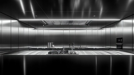 A modern, sleek kitchen with minimalist design and stainless steel finishes.