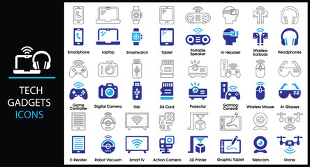 Tech Gadgets Icons, Symbol Set Vector Design Art Illustration.