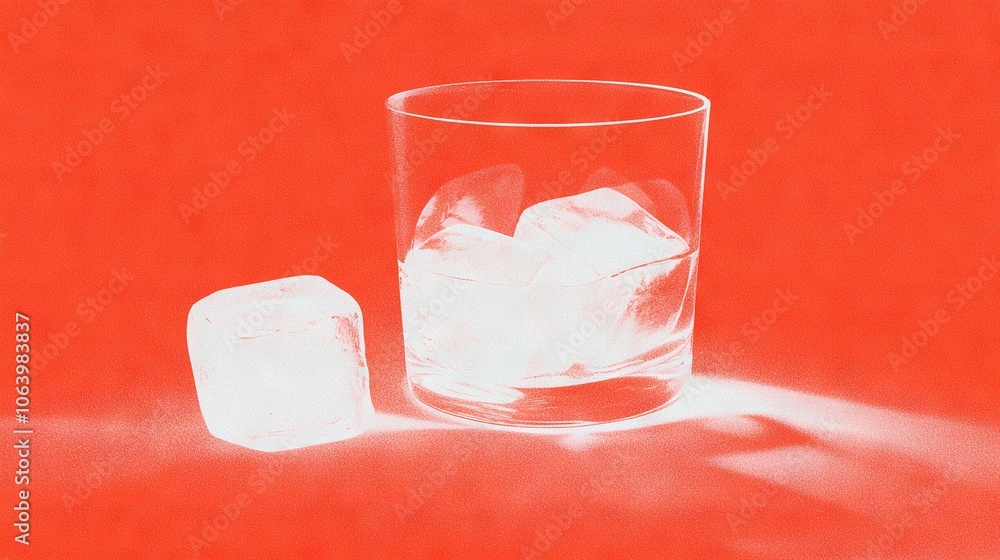 Poster a glass of ice sitting atop a table next to a block of ice on the same table