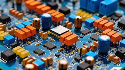 Obraz premium Close-Up View of an Advanced Electronic Circuit Board Featuring Capacitors, Resistors, and Microchips.