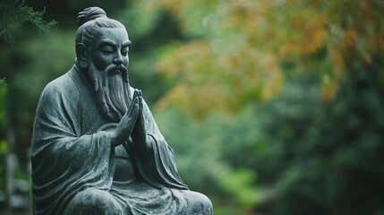 A serene and contemplative statue of an ancient philosopher, possibly representing wisdom or enlightenment. The figure, carved from stone, features a flowing robe and a long beard, with hands position