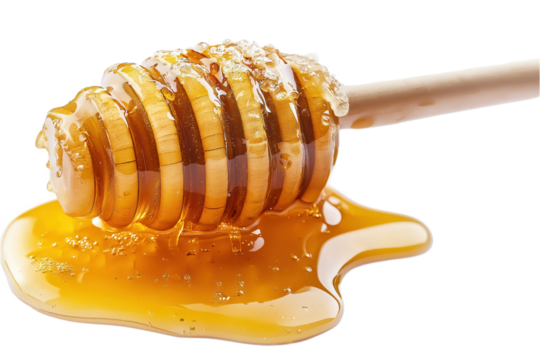 Honeycomb with honeycomb pattern, close-up view of honeycomb texture, yellow, brown colors. Honeycomb in disrepair, damaged, broken pieces, gray background. Sweet golden liquid honey, beeswax,