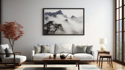 A serene living room featuring a mountain landscape painting and cozy furnishings.