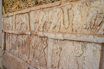 Pre-Hispanic stone engravings with animal figures in the archaeological zone of the pyramids of the Atlanteans, in Tula Hidalgo
