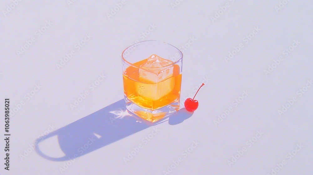 Poster an overhead view of a drink with a cherry on one side and a cherry shadow on the other