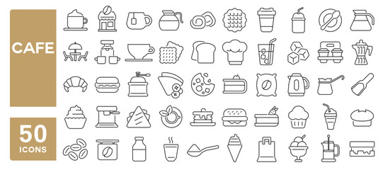 Set of 50 line icons related to cafe, coffee shop, latte, bean, maker machine, cappuccino, cake, espresso, snack, Editable stroke. Vector illustration