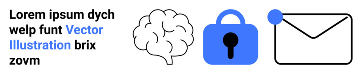 Brain, lock with keyhole, and email envelope icons. Text in a fictitious language. Ideal for website privacy, data security, and online communication. Usable in tech, education, marketing, and UI UX