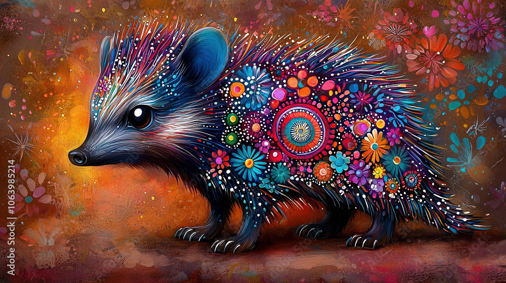 Aufkleber a vivid depiction of a porcupine adorned with an array of vibrant colors, intricately patterned on i