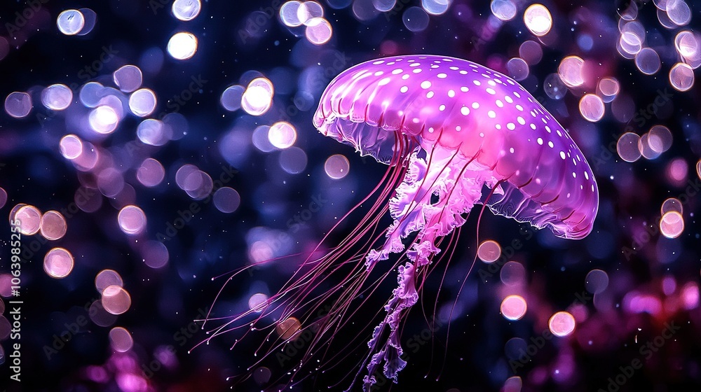 Poster a macro shot of a translucent jellyfish floating against a gradient of azure and violet, with miniat