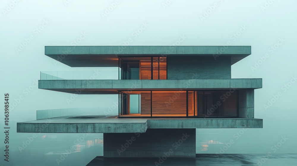 Poster modern architectural design featuring a minimalist concrete structure in a foggy setting.