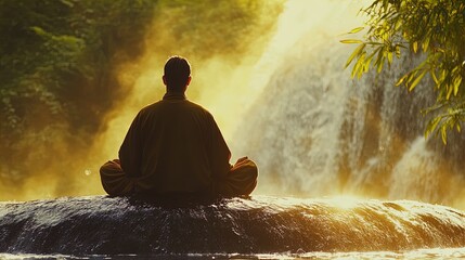 Obraz premium A serene scene captures a person sitting in a meditative pose on a rock in front of a waterfall. The figure is silhouetted against a soft, glowing backdrop, with sunlight shimmering through the mist c