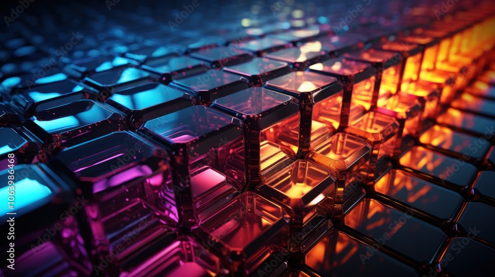 Poster abstract 3d rendering of colorful, illuminated cubes creating a dynamic visual effect.