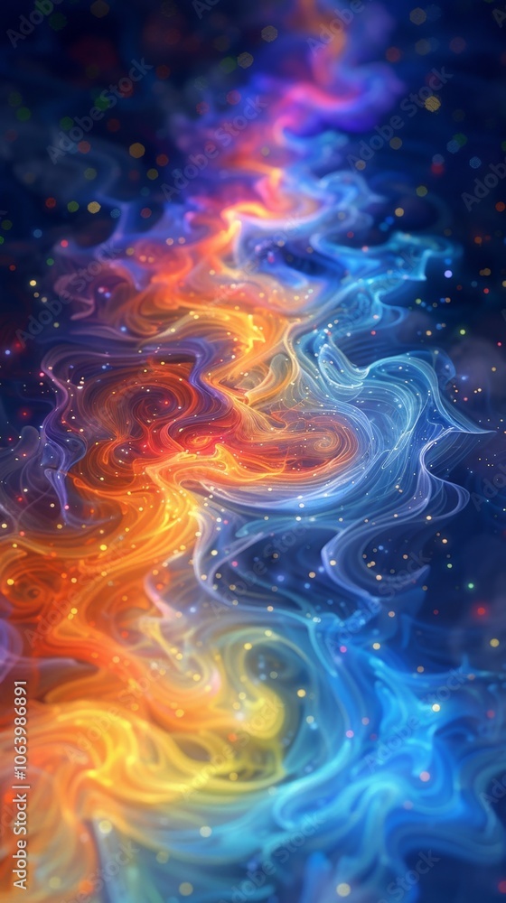 Poster a mesmerizing 3d render of swirling colors creating a vibrant, chaotic background filled with hues o