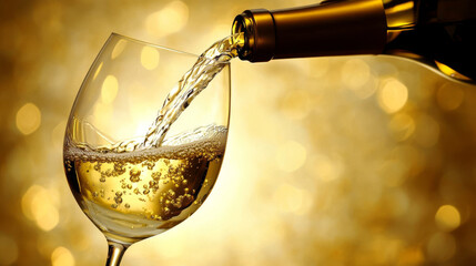 Fototapeta premium Pouring White Wine: Golden Hour Elegance, Sparkling Bubbles, Festive Cheers