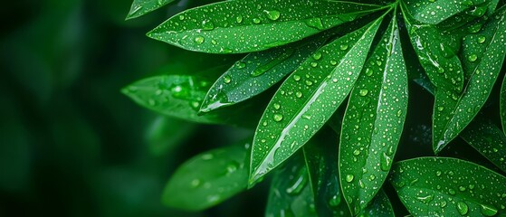 Obraz premium A tight shot of a verdant leaf dotted with water beads