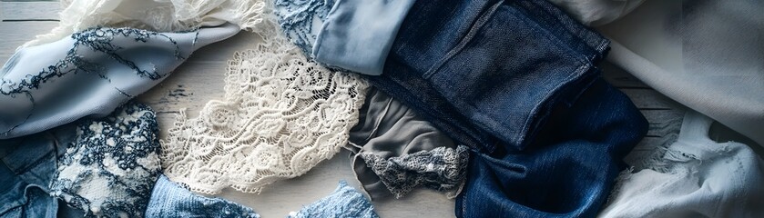 Fototapeta premium Blue and White Fabric Textures on White Wood