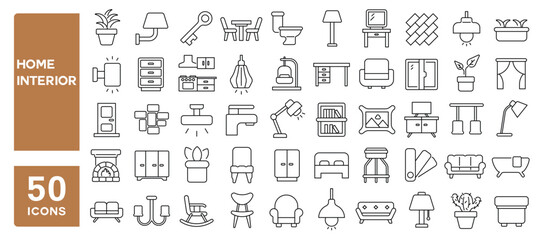 Obraz premium Set of 50 line icons related to home interior, decoration, furniture, lights, room, bath, kitchen, plants, chair, table, Editable stroke. Vector illustration