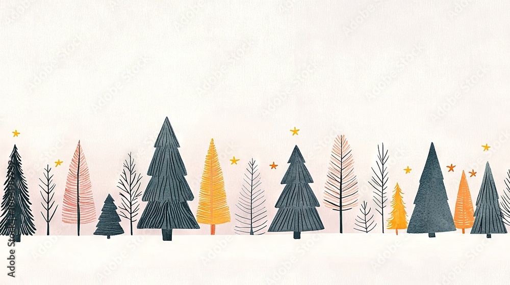 Poster a line of trees in snow with a star atop one tree and beneath the other