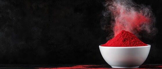  A white bowl holds red powder against a black backdrop ..Or, for a more succinct version:..White bowl with red powder on black