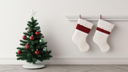 Baby's first Christmas decor with a mini tree and stockings, 3D illustration