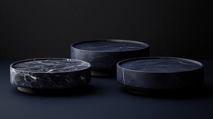 Sophisticated image of three dark marble coffee tables set against a minimalist background, Ideal for interior design projects, real estate marketing, or decor inspiration,