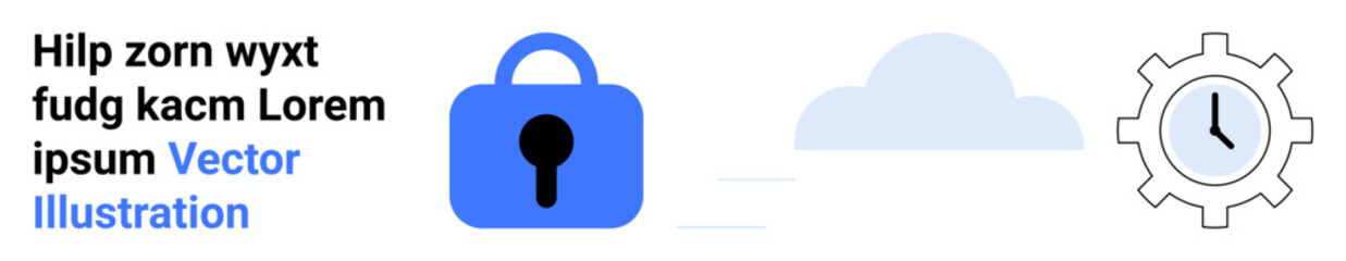 Blue lock symbolizing security, cloud icon for storage, and gear with clock representing settings or time management. Ideal for cybersecurity, data storage, cloud services, IT infrastructure