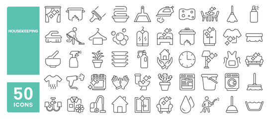 Set of 50 line icons related to housekeeping, cleaning, washing, domestic, mop, hygiene, laundry, home, service, vacuum, sponge, Editable stroke. Vector illustration