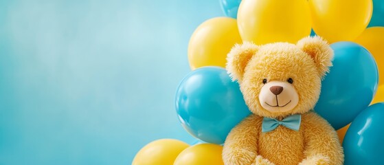 Fototapeta premium A bear sits in front of a bouquet of balloons