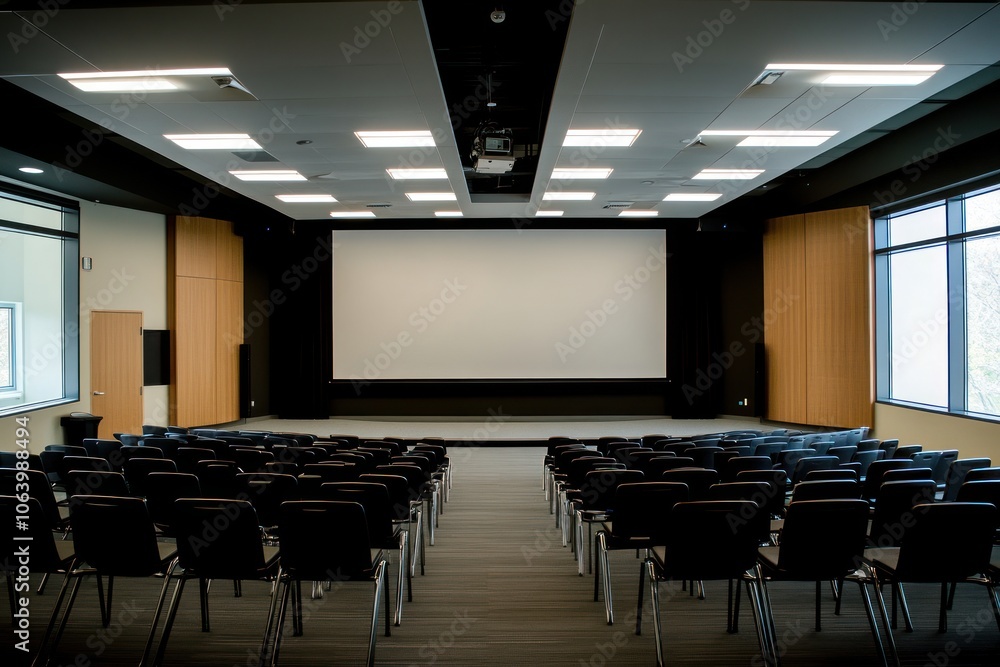 Poster a modern auditorium with rows of chairs facing a large projection screen.